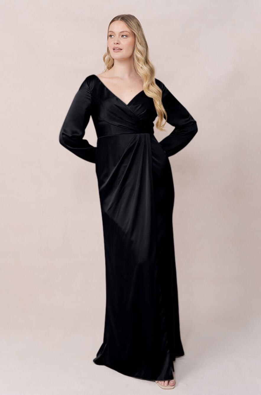 Revelry Black Vera Satin Long Sleeve V Neck Wrap Maxi Gown Plus Sz 26 Wedding